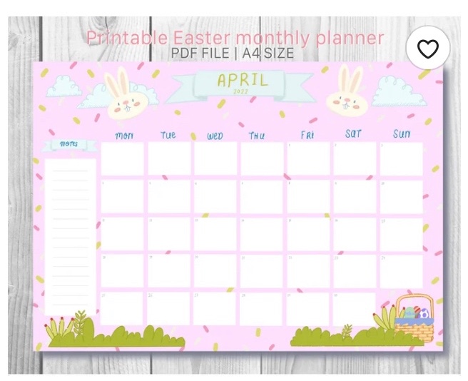 Printable April monthly planner 2022 Easter theme DorrieJStudio aka mizarwen